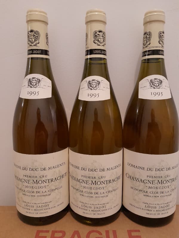 3x Chassagne-Montrachet, 1er cru Morgeot - Monopole Clos de la chapelle, Louis Jadot - Domaine du Duc de Magenta, 1995