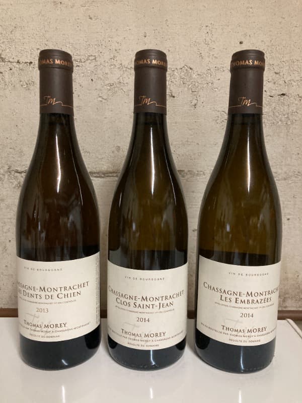 3 x Chassagne-Montrachet, 1er cru Dents de chien (2013) / Clos St Jean (2014) / Embrazées (2014), Thomas Morey